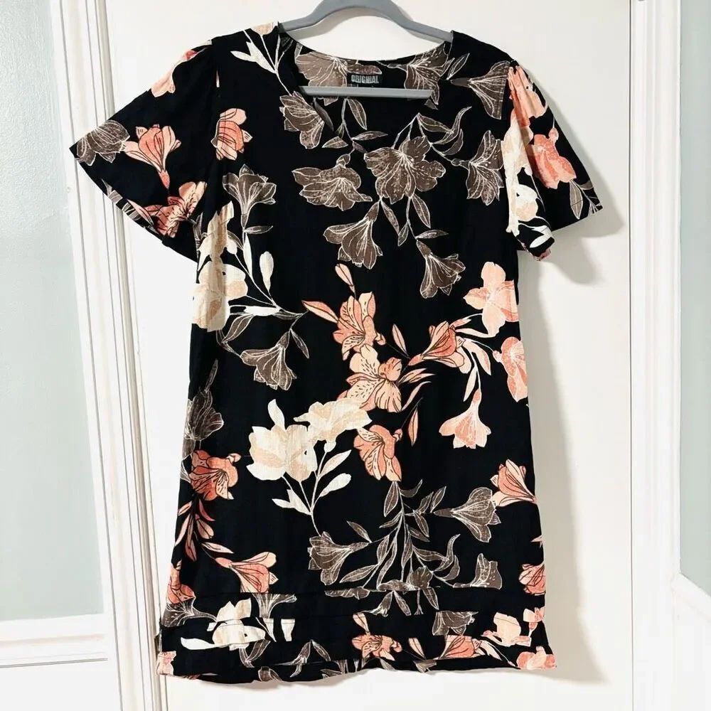 Nicole Miller Original L V-neck linen blend tiered hem detail floral dress